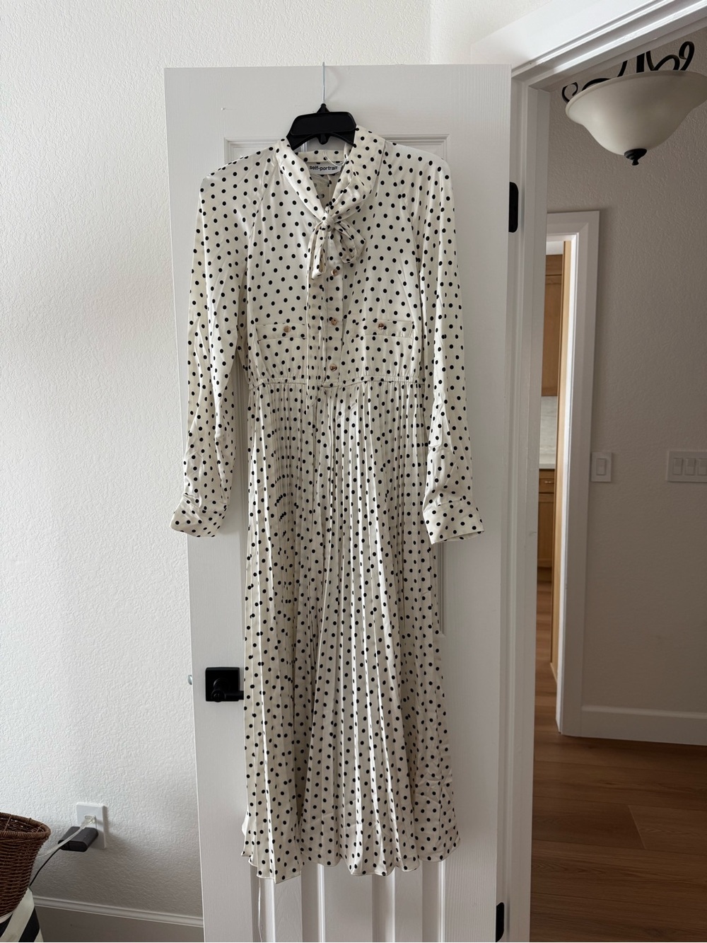 NWT Self portrait Polka Dot Tie-Neck Midi Dress - Cream with Black Dots